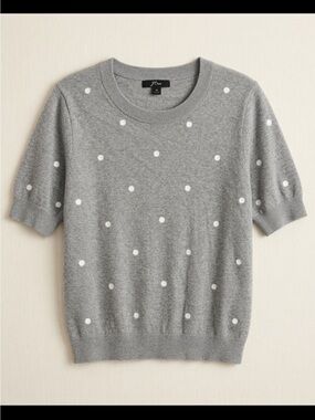 J.Crew Gray White Polka Dot Short Sleeve Sweater Size M Lightweight Cotton